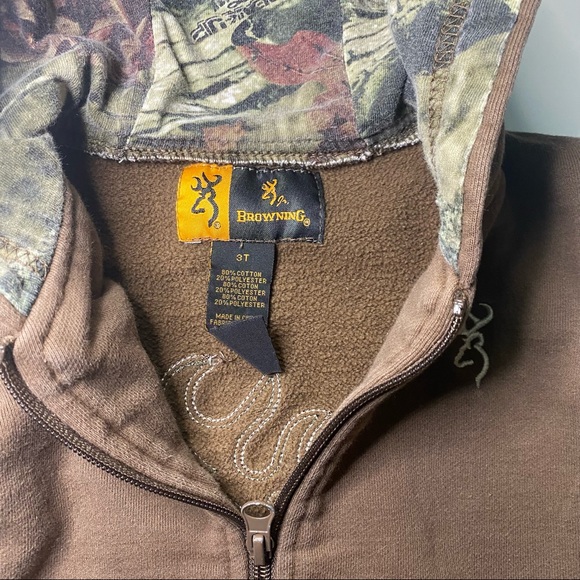 Boys 3T Browning Hoodie/Sweater in brown with Break-up camouflage hood. - Picture 2 of 6